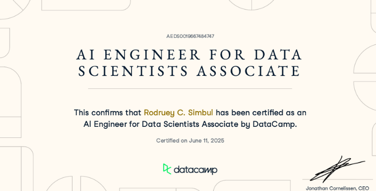 DataCamp AI Engineer for Data Scientists Associate certificate
