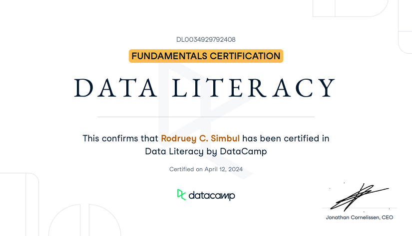 DataCamp Data Literacy certificate