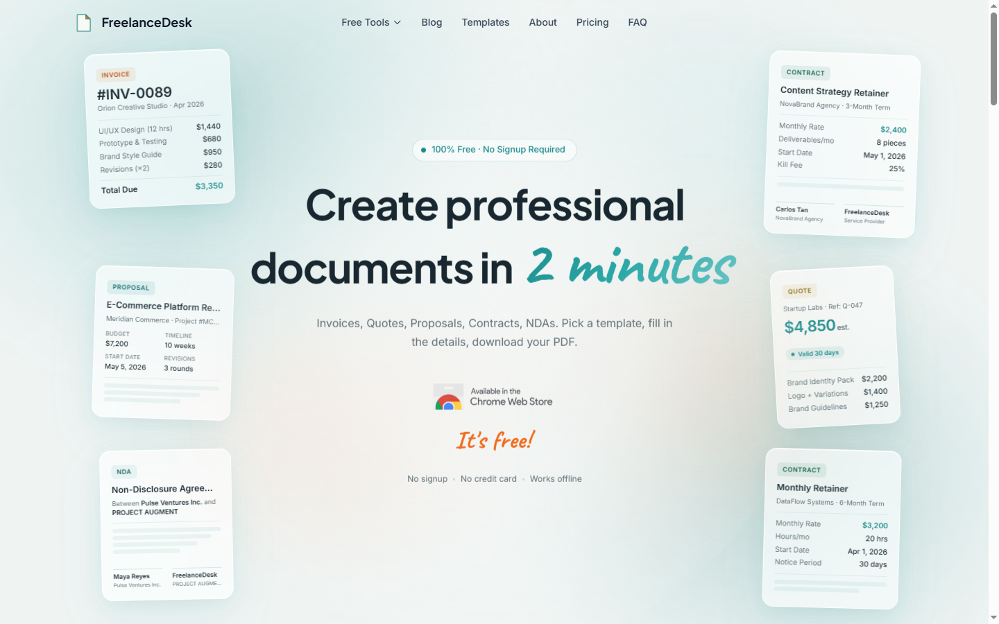 FreelanceDesk homepage showing professional invoice, contract, proposal, quote, and NDA templates