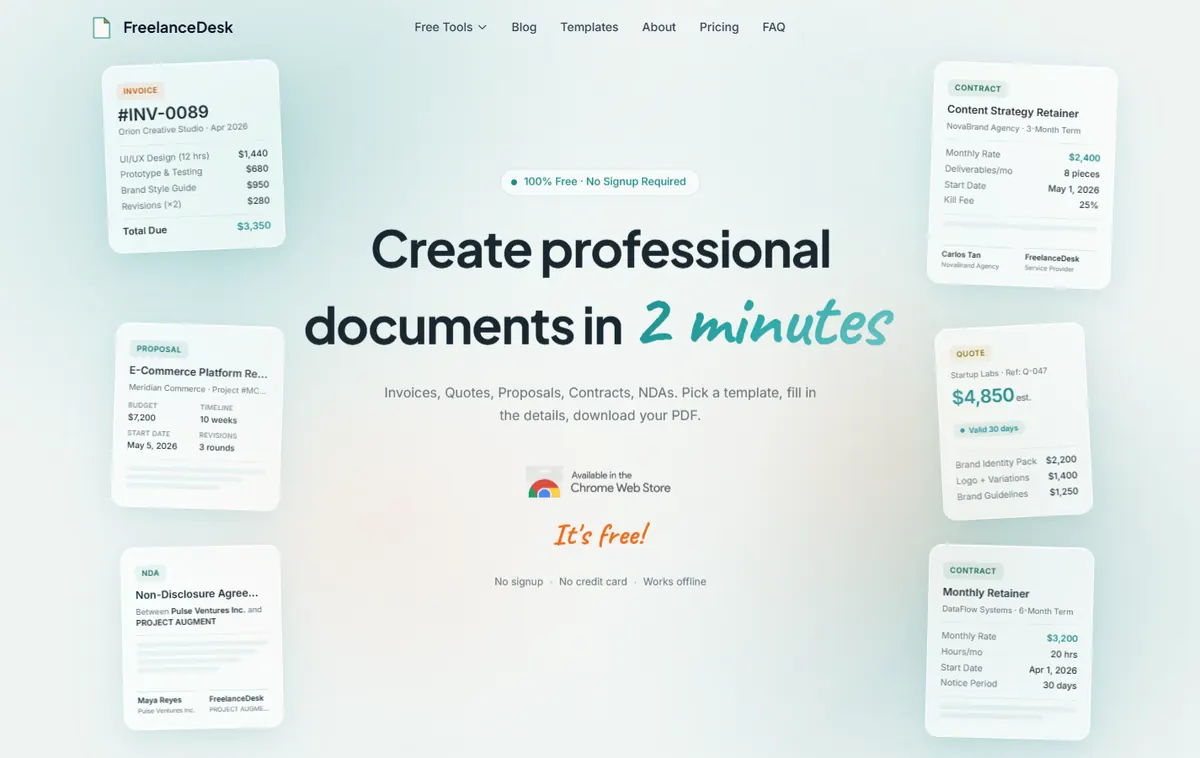 FreelanceDesk homepage: create professional documents in 2 minutes, surrounded by invoice, proposal, contract, and quote previews.